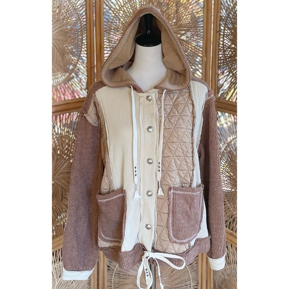 Pol Quilted Pieced Raw Edge Waffle Hooded Jacket S Oversized Brown Tan Cream - Picture 4 of 6